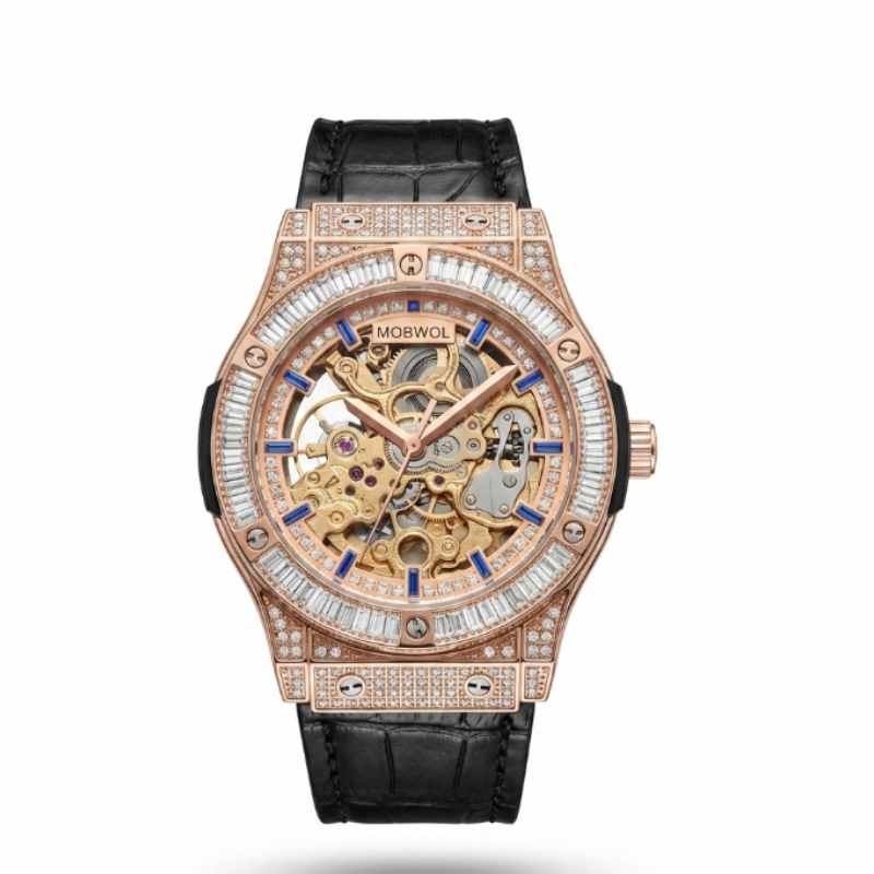Luxury Watch With Rubber Strap - MOBWOL Orologio meccanico scheletrato in oro
